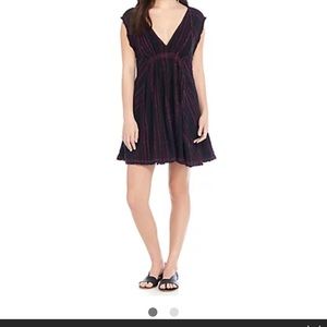 V-Neck Black Mini Dress with Pink Pinstripes